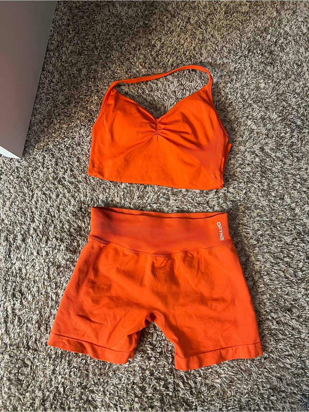 Orangish/red Dfyne Impact Active halter Top and High-Waist Bike Shorts Set